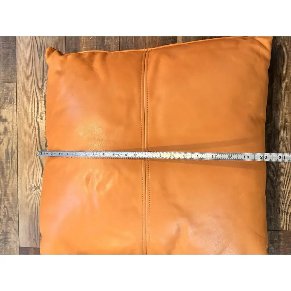 24” Cognac Genuine Leather Throw Pillow Modern Boho Luxe Couch Decor Insert
